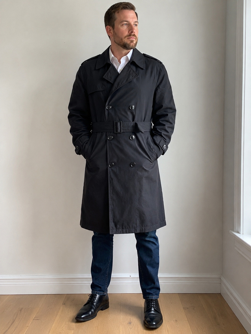 Men's Black Trench Coat 42S Double Breasted Removable Zip Liner All Weather Coat